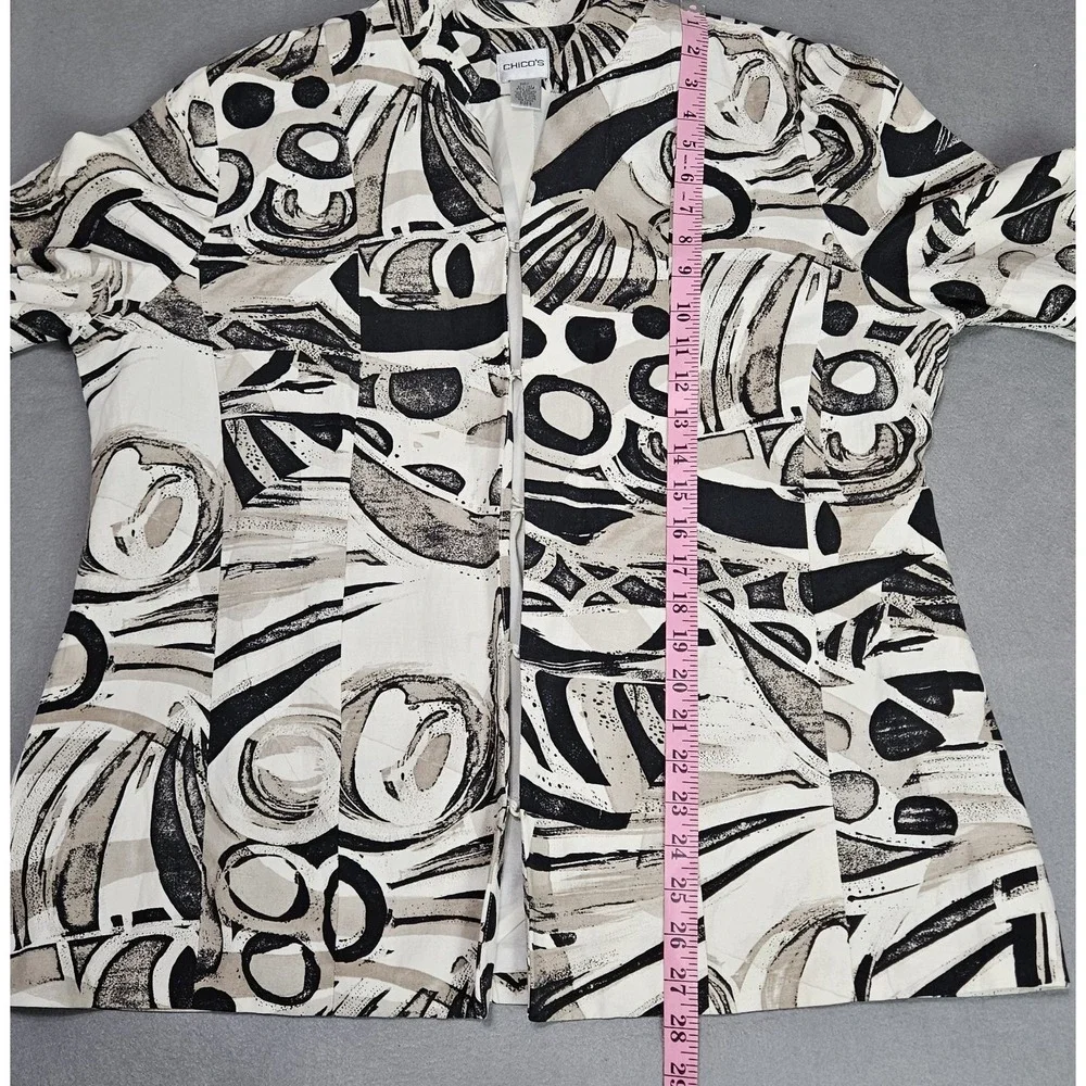 Chico's‎ Blazer Jacket Size 3 US XL Silk Linen Lined Abstract Black Beige